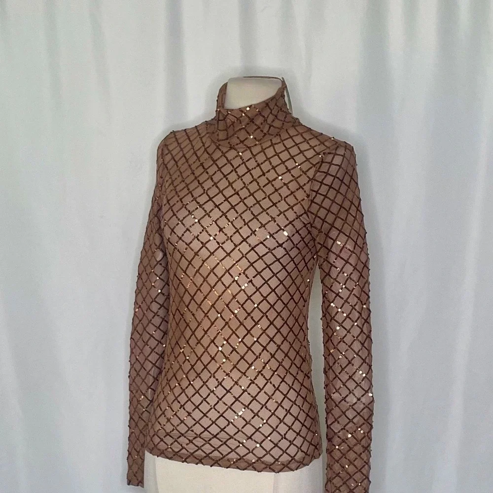 NWT!! Anthropologie PILCRO Turtleneck Sequin Top Shirt Bronze Party Glam X-Small